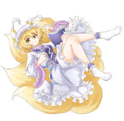  1girl animal_hat ankle_cuffs blonde_hair clip_studio_paint_(medium) dress fox_tail frilled_dress frilled_socks frills full_body hat highres kitsune long_sleeves looking_at_viewer mob_cap multiple_tails ofuda simple_background smile socks solo tabard tail tarumaru touhou white_background white_dress white_hat white_socks wide_sleeves yakumo_ran yellow_eyes 