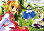  blonde_hair blue_eyes dress fairies fairy forest hair_ribbon highres luna_child no_wings open_mouth ribbon smile star_sapphire sunny_milk takatsuki_tsukasa touhou twintails yellow_eyes 