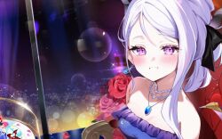  1girl blue_archive blush breasts commentary_request demon_girl demon_horns demon_wings dress earrings felnemo hina_(blue_archive) hina_(dress)_(blue_archive) horns indoors jewelry long_hair looking_at_viewer necklace night night_sky pendant purple_dress small_breasts solo violet_eyes white_hair wings 