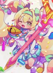  1girl aqua_skirt arm_up armpits becomori bell blazblue blonde_hair blue_trim blush boots bow breasts commentary_request cowbell from_above full_body gloves green_bow green_eyes green_hairband hair_bow hairband heart heart_in_eye highres holding holding_staff long_hair low-tied_long_hair low_wings mage_staff magical_girl miniskirt multiple_hair_bows neck_bell one_eye_closed open_mouth platinum_the_trinity quad_tails shirt sideboob skirt sleeveless sleeveless_shirt small_breasts smile solo sprinkles staff star_(symbol) symbol_in_eye twitter_username two_side_up very_long_hair watermark white_background white_boots white_gloves white_shirt wings 