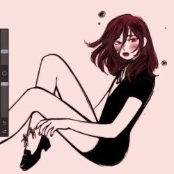  1other alternate_costume androgynous art_program_in_frame black_ribbon black_shirt black_shoes black_shorts blush cinnabar_(houseki_no_kuni) closed_mouth collared_shirt colored_eyelashes colored_skin commentary diinnple english_commentary feet_out_of_frame floating floating_hair from_side gem_uniform_(houseki_no_kuni) hair_between_eyes highres houseki_no_kuni knees_up levitation loafers long_bangs long_hair looking_ahead mercury_(element) neck_ribbon other_focus procreate_(medium) red_eyes red_hair red_lips red_nails ribbon sad shirt shoes short_sleeves shorts simple_background sketch thick_lips white_background white_shirt white_skin 