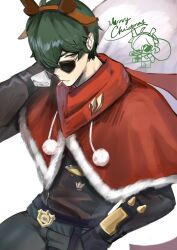  1boy black_gloves black_jacket capelet closed_mouth commentary_request cowboy_shot fake_antlers fur-trimmed_capelet fur_trim gloves green_eyes green_hair green_pants hair_over_one_eye hand_in_pocket highres holding holding_sack jacket lighter_(zenless_zone_zero) looking_at_viewer looking_over_eyewear male_focus merry_christmas nmmm_mm pants pom_pom_(clothes) red_capelet red_pupils red_scarf sack scarf short_hair simple_background solo sunglasses white_background zenless_zone_zero 
