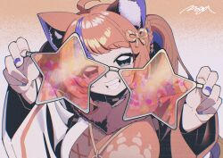 1girl ahoge animal_ears aqua_eyes arms_up artist_name breasts cat_ears choker commentary_request fur-trimmed_kimono fur_trim gradient_background grey-framed_eyewear grey_choker grin head_tilt highres holding holding_removed_eyewear japanese_clothes kimono knot_hair_ornament long_hair looking_at_viewer medium_breasts multicolored_hair multicolored_nails nail_polish nekoyashiki_miku nijisanji orange-tinted_eyewear orange_background orange_hair orange_kimono orange_nails outstretched_arms paw_print paw_print_pattern pogatyb print_kimono purple_hair purple_nails smile solo star-shaped_eyewear star_(symbol) streaked_hair tinted_eyewear twintails twintails_with_braided_base two-tone_hair unworn_eyewear upper_body variant_set virtual_youtuber watermark white_background white_kimono 