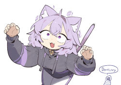  ! 1girl :3 :d ahoge animal_ear_fluff animal_ears breasts cat_ears cat_girl cat_tail cocomayo29_(tomato) commentary fang hair_between_eyes highres hololive hood hoodie large_breasts long_sleeves nekomata_okayu nekomata_okayu_(1st_costume) onigirya_(nekomata_okayu) open_mouth puffy_sleeves purple_hair simple_background smile speech_bubble tail violet_eyes virtual_youtuber 