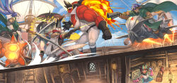  3boys 3girls barrel black_gloves black_hair blue_eyes blue_hair blue_sky breasts cannon cape closed_mouth clouds colored_skin commentary_request cross-section dark-skinned_female dark-skinned_male dark_skin door fingerless_gloves firing gloves goggles green_cape green_eyes grin gun highres holding holding_gun holding_sword holding_weapon horns lantern long_hair looking_at_another looking_at_viewer mast medium_breasts multiple_boys multiple_girls muscular muscular_male nagi_itsuki open_mouth original pixiv_fantasia pixiv_fantasia_age_of_starlight railing red_skin scenery ship_interior sitting sky smile stairs sword teeth tongue tongue_out treasure_chest unworn_goggles very_dark_skin watercraft weapon window yellow_horns 