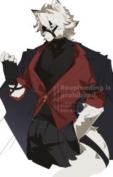  1boy alternate_costume animal_ear_fluff animal_ears black_coat black_gloves black_shirt body_fur closed_mouth coat coat_on_shoulders collar colored_tips cowboy_shot cropped_legs fingerless_gloves furry furry_male gloves hand_in_pocket hand_up highres kon_(konkon_1011) male_focus multicolored_hair muzzle_(mask) red_eyes red_shirt shirt short_hair simple_background solo tail tail_belt turtleneck twitter_username von_lycaon white_background white_fur white_hair wolf_boy wolf_ears wolf_tail zenless_zone_zero 