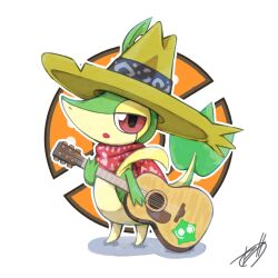  bandana commentary_request full_body guitar hat highres instrument mexican_clothes minior no_humans open_mouth pokemon pokemon_(creature) pokemon_world_championships red_bandana red_eyes signature simple_background snivy solo sombrero white_background zeni_maru 