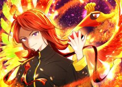  1boy embers feathered_wings fire gem highres ho-oh holding holding_poke_ball male_focus marin_sub1 official_alternate_costume poke_ball poke_ball_(basic) pokemon pokemon_(creature) pokemon_masters_ex red_gem red_hair silver_(arc_suit)_(pokemon) silver_(pokemon) upper_body violet_eyes wings 