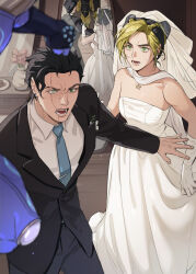  1girl 1other 2boys bare_shoulders black_gloves black_hair black_jacket black_pants black_suit blonde_hair blue_necktie braid breasts bridal_veil bride collared_shirt colored_skin dio_brando double_bun dress earrings english_commentary father_and_daughter fingerless_gloves flower formal_clothes gloves green_eyes green_hair groom hair_bun highres indoors jacket jewelry jojo_no_kimyou_na_bouken knee_pads kujo_jolyne long_sleeves mirror moonnacorn multicolored_hair multiple_boys necktie open_mouth pants purple_skin reflection scar scar_across_eye scar_on_face shirt short_hair stand_(jojo) star_platinum stardust_crusaders stone_ocean strapless strapless_dress suit sweat sweatdrop time_paradox tuxedo two-tone_hair veil wedding_dress white_dress white_gloves white_shirt yellow_jacket 