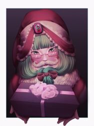  1girl absurdres blunt_bangs box christmas commentary english_commentary fake_beard fake_facial_hair glasses green_eyes green_hair hat highres holding holding_box kagiyama_hina klabisot looking_at_viewer santa_costume santa_hat solo touhou 