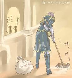  1boy ace_attorney arch barok_van_zieks blue_boots blue_coat boots coat collared_coat commentary_request elbow_gloves epaulettes from_behind gloves grey_hair hallway high_collar high_heel_boots high_heels holding holding_mop indoors kneehighs long_sleeves male_focus mop mopping pants pillar sack shadow short_hair silhouette socks solo_focus takamoriwako the_great_ace_attorney translation_request white_gloves white_pants 