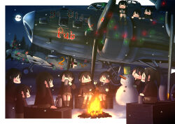  6+girls aircraft airplane b-17_flying_fortress bf_109 black_hair black_sky border brown_coat brown_skirt campfire christmas_lights coat commentary_request cup fairy_(kancolle) highres holding holding_cup kantai_collection military_vehicle mug multiple_girls night nose_art propeller propeller_fighter reindeer repair_bucket silhouette skirt sky sleigh snowman timmyyen white_border 