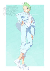  1boy artist_name blue_background blue_jacket blue_pants border cilan_(pokemon) collared_shirt full_body green_eyes green_hair grin hand_on_own_hip highres jacket long_sleeves looking_at_viewer male_focus one_eye_closed open_clothes open_jacket outside_border pants pokemon pokemon_bw serizawa_serizane shirt shoes short_hair short_sleeves smile sneakers solo standing twitter_username watermark white_border white_shirt white_shoes 