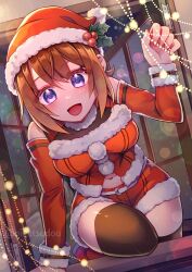  1girl ao_no_kiseki bare_shoulders black_thighhighs bob_cut breasts brown_hair christmas christmas_lights climbing commission detached_sleeves double-parted_bangs dress eiyuu_densetsu frilled_sleeves frills hair_between_eyes hat hat_ornament holly_hat_ornament large_breasts lens_flare looking_at_viewer mixed-language_commentary noel_seeker oigetsudou_(byakuya_yuu) open_mouth santa_costume santa_dress santa_hat second-party_source smile solo thigh-highs twitter_username violet_eyes watermark window windowsill zero_no_kiseki 