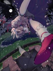  3girls absurdres arm_up bat_wings blonde_hair bloomers blouse brooch christmas closed_eyes commentary crystal crystal_wings english_commentary fisheye flandre_scarlet floating foreshortening full_moon grey_hair hat highres hong_meiling jacket jewelry lake light_smile long_hair long_sleeves looking_at_viewer mob_cap moon mountain mountainous_horizon multiple_girls night night_sky open_clothes open_jacket outdoors outstretched_arm outstretched_hand outstretched_legs red_hair reindeer remilia_scarlet scarlet_devil_mansion shirt shoes short_hair silhouette skirt skirt_set sleigh snowing socks standing touhou upside-down upskirt violet_eyes water wings yuara 