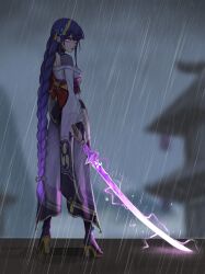  1girl absurdres architecture back_bow blunt_bangs blurry blurry_background bow braid bridal_gauntlets depth_of_field dolgom east_asian_architecture electricity fan_hair_ornament from_behind genshin_impact glowing glowing_eyes glowing_hair glowing_sword glowing_weapon gradient_hair grey_background hair_ornament hair_ribbon highres japanese_clothes katana kimono long_braid long_hair looking_at_viewer looking_to_the_side low-tied_long_hair mitsudomoe_(shape) mixed-language_commentary mole mole_under_eye multicolored_hair musou_isshin_(genshin_impact) open_mouth outdoors purple_hair purple_kimono raiden_shogun rain red_sash ribbon sash single_braid solo standing streaked_hair sword thigh-highs tomoe_(symbol) weapon 