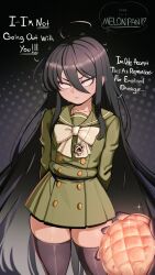  1girl absurdres ahoge amulet arms_behind_back averting_eyes black_hair black_thighhighs bow bread brown_eyes buttons closed_mouth collarbone deitysexual dotted_background double-breasted english_text flat_chest food frown green_sailor_collar green_serafuku hair_between_eyes hair_spread_out highres holding holding_food jewelry long_hair long_sleeves looking_to_the_side melon_bread misaki_high_school_uniform multicolored_hair necklace nervous nervous_sweating pendant petite sailor_collar school_uniform serafuku shakugan_no_shana shana simple_background skindentation skirt straight_hair streaked_hair sweat sweatdrop thick_thighs thigh-highs thighs very_long_hair 