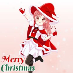  1girl :d abstract_background arm_up black_boots black_bow blurry blurry_background bokeh boots bow bright_pupils brown_leggings candy candy_cane cape choppy_bangs christmas commentary depth_of_field dot_nose dress english_commentary english_text feet_out_of_frame food fur-trimmed_boots fur-trimmed_cape fur-trimmed_gloves fur-trimmed_headwear fur_buttons fur_trim gloves gochuumon_wa_usagi_desu_ka? gyozomgarg hat hat_bow highres holding holding_candy holding_candy_cane holding_food leg_up leggings light_blush long_hair looking_at_viewer merry_christmas natsu_megumi open_clothes open_shirt puffy_short_sleeves puffy_sleeves red_bow red_cape red_dress red_eyes red_gloves red_hair red_pupils red_theme santa_hat shirt short_sleeves skirt smile solo standing standing_on_one_leg white_shirt white_skirt 