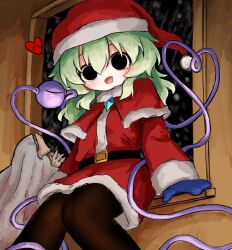  1girl black_eyes black_pantyhose blue_gloves buttons capelet christmas corpse diamond_button dress eyeball fur-trimmed_capelet fur-trimmed_dress fur-trimmed_headwear fur_trim gloves green_hair hat heart heart_of_string heripantomorrow komeiji_koishi pantyhose red_capelet red_dress red_hat sack santa_costume santa_hat smile snowing third_eye touhou 