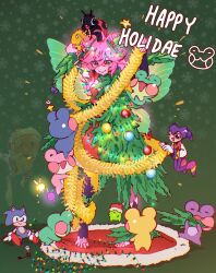  1girl bell bell_earrings blue_pikmin bodysuit bug candy candy_cane carpet chibi_robo christmas christmas_lights christmas_ornaments christmas_tree colored_sclera colored_skin earrings fairy fairy_wings feet flower_ring food frog froggyloch froggyloch_(vtuber) happy_holidays human_christmas_tree indie_virtual_youtuber jewelry ladybug nights_into_dreams open_mouth pikmin_(creature) pink_hair pink_skin red_carpet red_eyes red_pikmin santa_claus smile snail_shell snowflake_print sonic_(series) sonic_the_hedgehog toe_ring virtual_youtuber wings yellow_pikmin yellow_sclera 