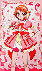  1girl :o alternate_costume artist_request back_bow bare_legs border bow bowtie butterfly_earrings center_frills character_name choker collarbone collared_shirt corset cropped_jacket dot_nose dress_shirt earrings eyelashes feet_out_of_frame finger_to_mouth flower frilled_skirt frilled_sleeves frills gradient_border hair_flower hair_ornament hairband hand_on_own_hip heart heart_of_string jacket jewelry knees layered_skirt light_blush looking_at_viewer natsuki_rin neck_flower neck_ribbon official_art open_clothes open_jacket orange_hair outside_border parted_bangs parted_lips petals picture_frame pink_background pink_flower pink_rose precure puffy_short_sleeves puffy_sleeves red_border red_bow red_bowtie red_choker red_corset red_eyes red_flower red_jacket red_ribbon red_rose red_shorts red_skirt red_theme ribbon rose rose_petals shirt short_hair short_sleeves shorts shorts_under_skirt skirt solo sparkle standing striped_border tareme third-party_source two-sided_fabric two-sided_jacket white_arm_warmers white_shirt white_skirt yellow_hairband yes!_precure_5 yes!_precure_5_gogo! 