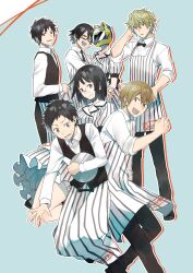  2girls 5boys apron black-framed_eyewear black_eyes black_hair black_pants black_vest blonde_hair blue_background blue_eyes bob_cut bow bowtie brown_eyes brown_hair celty_sturluson closed_eyes collared_shirt copyright_name dress dress_shirt durarara!! employee_uniform from_side glasses heiwajima_shizuo helmet hetero highres holding holding_tray implied_hetero japanese_clothes kida_masaomi kimono kishitani_shinra long_sleeves looking_at_viewer male_focus motorcycle_helmet multiple_boys multiple_girls necktie open_mouth orihara_izaya outline pa_yashi pants ryuugamine_mikado shirt short_hair short_sleeves simple_background smile sonohara_anri striped_clothes striped_dress striped_kimono sweatdrop tray upper_body vertical-striped_clothes vertical-striped_dress vest waistcoat waiter waitress white_shirt 