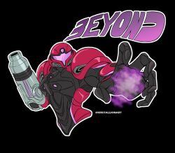  1girl arm_cannon armor assault_visor black_background commentary english_commentary full_armor helmet kristallion metroid metroid_prime_4:_beyond power_suit_(metroid) purple_visor red_armor samus_aran simple_background two-tone_armor vi-o-la_suit weapon 