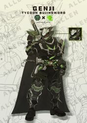  1boy animal_ears armor black_armor black_bodysuit bodysuit bujinsword_buckle cape cosplay desire_driver genji_(overwatch) glowing glowing_eyes highres kamen_rider kamen_rider_geats_(series) kamen_rider_tycoon kamen_rider_tycoon_bujinsword kamen_rider_tycoon_bujinsword_(cosplay) katana male_focus monallenster ootachi overwatch power_armor raccoon_ears raise_buckle red_eyes red_visor rider_belt scabbard sheath sheathed shogun sword tachi_(weapon) tokusatsu weapon 