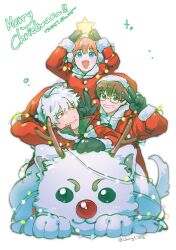 1girl 2boys :d absurdres alternate_costume animal antlers black_gloves blue_eyes brown_hair chango3_1005 christmas coat commentary_request deer_antlers dog fake_horns fur-trimmed_coat fur-trimmed_headwear fur_trim gintama glasses gloves grin hat highres holding holding_star horns human_christmas_tree kagura_(gintama) korean_commentary long_sleeves merry_christmas messy_hair multiple_boys open_mouth orange_hair oversized_animal red_coat red_eyes red_hat red_nose sadaharu sakata_gintoki santa_costume santa_hat shimura_shinpachi short_hair simple_background smile star_(symbol) twitter_username v white_background white_fur white_hair 