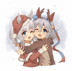  2girls aged_down animal_costume animal_ears antlers blue_eyes blue_hairband blush capelet christmas commentary cropped_torso deer_antlers dress ear_covers ears_through_headwear english_commentary fake_antlers fang fur-trimmed_dress fur-trimmed_headwear fur_trim grey_hair hair_between_eyes hairband hat headband highres horns horse_ears horse_girl hug long_hair long_sleeves multicolored_hair multicolored_hairband multiple_girls oguri_cap_(umamusume) one_eye_closed open_mouth ponytail red_capelet red_dress red_headband reindeer_antlers reindeer_costume santa_costume santa_dress santa_hat short_hair smile striped_clothes striped_hairband taa_in1 tamamo_cross_(umamusume) two-tone_hairband umamusume umamusume:_cinderella_gray 