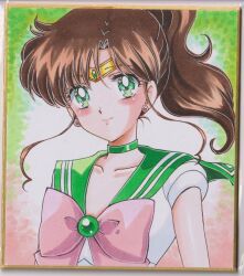  1girl bishoujo_senshi_sailor_moon blush bow brown_hair chikoto_(kztc4472) choker circlet closed_mouth collarbone commentary earrings flower_earrings gem green_choker green_eyes green_gem green_sailor_collar highres jewelry kino_makoto lips long_hair looking_at_viewer magical_girl parted_bangs pink_bow ponytail sailor_collar sailor_jupiter sailor_senshi_uniform smile solo swept_bangs traditional_media upper_body 