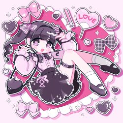  1girl :d black_bow black_hair black_skirt bow commentary_request dress english_text frilled_dress frills hair_ornament heart heart-shaped_pupils legband light_blush long_hair long_sleeves looking_at_viewer open_mouth pink_background pink_bow pink_dress pochirou_(ponpoc) puffy_sleeves simple_background skirt smile socks symbol-shaped_pupils twintails violet_eyes white_socks 