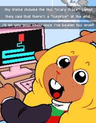  1girl :d absurdres animal_nose antlers asepriterico black_eyes black_shirt blonde_hair buck_teeth checkered_sweater_vest computer computer_keyboard dark-skinned_female dark_skin deltarune english_text freckles highres horns indoors long_sleeves looking_at_viewer looking_back monitor noelle_holiday open_mouth pixel_art playing_games playing_video_games reindeer_antlers reindeer_girl scary_maze_game shirt smile snapchat solo teeth utdr_(toby_fox) 