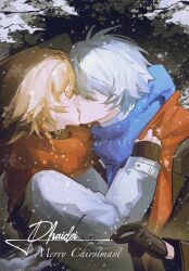 2boys black_gloves blue_hair blue_scarf closed_eyes commentary earrings english_commentary english_text facial_tattoo flower glasses gloves hands_on_another's_face hat highres holding holding_flower holding_removed_eyewear honkai:_star_rail honkai_(series) jewelry kiss multicolored_hair multiple_boys mydei_(honkai:_star_rail) orange_hair phainon_(honkai:_star_rail) red_hair red_scarf red_tattoo saninoring scarf ship_name single_earring tattoo two-tone_hair unworn_eyewear white_hat winter winter_clothes yaoi yellow_pupils