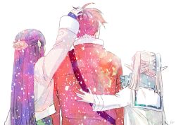  2girls black_roots blue_scarf boo_br coat elf facing_away fern frieren from_behind grey_coat grey_hair hair_ornament hairclip half_updo headpat highres long_hair multiple_girls patting_back pointy_ears purple_hair red_coat red_hair sailor_collar scarf shirt short_hair snowing sousou_no_frieren stark_(sousou_no_frieren) twintails upper_body white_background white_sailor_collar white_shirt winter_clothes 