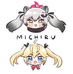  2girls :3 :d ahoge animal_ears black_ribbon black_scarf blonde_hair blue_archive blue_eyes blush bow bowtie character_name commentary_request eyeshadow fang grey_hair grisaia_(series) grisaia_no_kajitsu hair_between_eyes hair_ribbon halo harunatsu_(nekoneko_haruka) highres long_hair look-alike looking_at_viewer makeup matsushima_michiru michiru_(blue_archive) mizuhashi_kaori multiple_girls name_connection open_mouth pink_eyeshadow pink_halo plaid_bow plaid_bowtie plaid_clothes portrait raccoon_ears raccoon_girl raccoon_hair_ornament red_bow red_bowtie ribbon scarf sidelocks simple_background skin_fang smile thick_eyebrows twintails v-shaped_eyebrows voice_actor_connection white_background yellow_eyes 