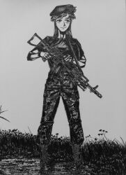  1girl ak-74 aks-74 assault_rifle beret black_shirt blush bordfunker133 camouflage camouflage_pants digital_camouflage gp-25 grenade_launcher greyscale gun hat highres holding holding_gun holding_weapon kalashnikov_rifle long_hair military monochrome no_jacket original outdoors pants paratrooper photo_(medium) rifle russo-ukrainian_war sasha_shoshnikova shirt short_sleeves smile soldier solo standing t-shirt ukrainian_vdv underbarrel_grenade_launcher vdv war_in_donbass weapon 