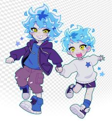  2boys 3d_tansoku aged_down ankle_socks arm_at_side black_shoes black_shorts blue_eyeshadow blue_hair blue_jacket blue_lips blue_outline blue_shirt blue_shoes blue_socks blush brown_pants capri_pants cargo_pants child clenched_hand commentary drawstring eyeshadow fiery_hair grid_background grin high_tops highres holding_hands hood hooded_jacket idia_shroud jacket knee_blush long_sleeves looking_at_another looking_at_viewer makeup male_focus multiple_boys narrowed_eyes nose_blush open_clothes open_jacket open_mouth ortho_shroud outline pale_skin pants print_sweater raised_eyebrows rectangular_mouth sharp_teeth shirt shoes short_eyebrows short_hair short_shorts shorts smile sneakers socks spread_fingers standing standing_on_one_leg star_(symbol) star_print sweater teeth torn_clothes torn_pants twisted_wonderland v-shaped_eyebrows very_short_hair white_background white_sweater wide-eyed winged_shoes yellow_eyes 