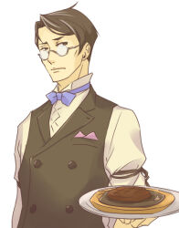  1boy ace_attorney black_eyes black_hair black_vest blue_bow blue_bowtie bow bowtie brown_ribbon closed_mouth collared_shirt collared_vest commentary_request expressionless food glasses grey-framed_eyewear high_collar holding holding_plate juliet_sleeves lapels light_blush long_sleeves male_focus mature_male multicolored_hair notched_lapels opaque_glasses parted_bangs plate puffy_sleeves ribbon round_eyewear satoru_hosonaga shirt short_hair simple_background sleeve_garter sleeve_ribbon solo steak streaked_hair swept_bangs takamoriwako the_great_ace_attorney thick_eyebrows thick_lips traditional_bowtie upper_body vest white_background white_shirt 