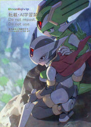  2boys armor black_armor black_eyes black_helmet dagger forehead_jewel green_armor green_eyes green_helmet helmet hidden_phantom_(mega_man) highres holding holding_dagger holding_knife holding_weapon knife kunai male_focus mechanical_wings mega_man_(series) mega_man_zero_(series) multiple_boys ninja red_scarf sage_harpuia_(mega_man) scarf watermark weapon wings yamanashi_taiki 