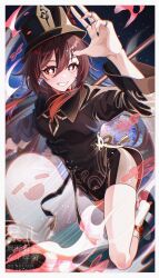  1girl black_hat boo_tao_(genshin_impact) brown_hair brown_shirt brown_shorts con_potata flower-shaped_pupils genshin_impact hair_between_eyes hat highres hu_tao_(genshin_impact) long_hair long_sleeves red_eyes shirt shorts smile solo symbol-shaped_pupils teeth 