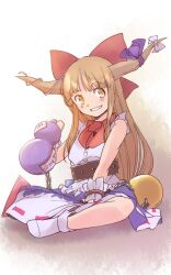  1girl blue_ribbon blue_skirt bow bowtie brown_eyes brown_hair chain commentary_request fang frilled_wrist_cuffs frills full_body gourd grey_shirt grey_socks grin hair_bow holding holding_gourd horn_bow horn_ornament horn_ribbon horns ibuki_suika light_blush long_hair one-hour_drawing_challenge orange_background orb pyramid_(geometry) rangycrow red_bow red_bowtie ribbon shirt sideways_glance sitting skirt sleeveless sleeveless_shirt smile socks solo touhou wrist_cuffs 