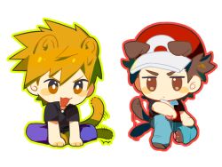  2boys :3 animal_ears black_shirt blue_oak blush_stickers brown_eyes brown_hair butterfly_sitting cat_ears cat_tail chibi chibi_only chinese_commentary collared_shirt commentary_request denim dog_ears dog_tail extra_ears full_body green_outline hand_on_own_knee hands_on_floor hat highres jeans jitome knees_apart_feet_together male_focus multiple_boys orange_hair outline pants pawpads pokemon pokemon_frlg purple_pants red_(pokemon) red_hat red_outline red_vest shirt short_hair short_sleeves sitting smile spiky_hair summerbb12 tail v-shaped_eyebrows vest white_background 