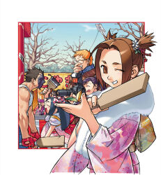  :d :p ;d bare_shoulders black_hair bow brown_eyes brown_hair camera closed_eyes edaki_shin'ya edge_(justice_gakuen) festival fingerless_gloves floral_print floral_print_kimono flower from_side fur-trimmed_kimono fur_trim game_cg glasses gloves hagoita hair_bow hair_flower hair_ornament hand_to_own_mouth hanetsuki hibiki_ran highres holding holding_camera ichimonji_batsu isurugi_gan japanese_clothes kagami_kyosuke karuizawa_momo kimono kite kuji-in laughing looking_at_viewer official_art one_eye_closed orange_hair outside_border paddle paint_splatter paint_splatter_on_face paintbrush pink_kimono print_kimono project_justice rival_schools second-party_source short_hair short_twintails smile tank_top teeth tongue tongue_out torii twintails wakaba_hinata 