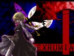  1girl blonde_hair character_name cross darkness ex-rumia moon necktie night night_sky red_eyes rumia short_hair sky solo sword touhou weapon wings 