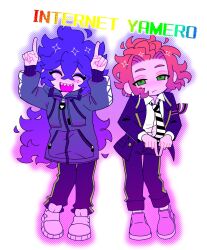  2boys 3d_tansoku :d ahoge arm_ribbon bangs_pinned_back ben-day_dots black_jacket black_pants blank_stare blazer blue_eyeshadow blue_hair blue_jacket blush cater_diamond collared_shirt contrapposto curtained_hair dancing deformed diagonal-striped_clothes diagonal-striped_necktie diamond_(shape) diamond_facial_mark expressionless eyeshadow facial_mark fiery_hair full_body gold_trim gradient_hair green_eyes grin hair_between_eyes half-closed_eyes halftone halftone_outline hands_up highres idia_shroud index_finger_raised index_fingers_together internet_yamero jacket knees_together_feet_apart light_frown long_hair long_sleeves looking_at_viewer loose_necktie makeup male_focus multicolored_hair multiple_boys necktie night_raven_college_school_uniform open_clothes open_jacket outline pale_skin pants pants_rolled_up partially_unzipped pink_hair pink_outline purple_hair purple_outline ribbon school_uniform screentones sharp_teeth shirt shirt_tucked_in shoes short_hair simple_background sleeves_past_wrists smile sneakers song_name standing striped_clothes teeth thigh_gap twisted_wonderland upper_teeth_only very_long_hair wavy_hair white_background white_shirt white_shoes zipper zipper_pull_tab 