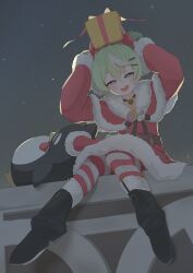 1girl absurdres badge bell belt black_boots boots brown_belt button_badge capelet christmas_present commentary_request double_bun dress fingerless_gloves fur-trimmed_capelet fur-trimmed_dress fur_trim gift gloves green_hair hair_bun head_tilt highres looking_at_viewer multicolored_hair nazuna_(stella_sora) neck_bell night night_sky numumu183128 official_alternate_costume on_roof open_mouth outdoors pantyhose red_capelet red_dress red_gloves red_pantyhose santa_costume santa_dress sherlock_(stella_sora) sky smile solo star_(sky) starry_sky stella_sora streaked_hair striped_clothes striped_pantyhose stuffed_animal stuffed_penguin stuffed_toy two-tone_pantyhose violet_eyes white_hair white_pantyhose 