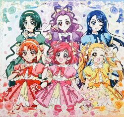  6+girls :o akimoto_komachi alternate_costume anime_coloring artist_request back_bow bangs_pinned_back blonde_hair blue_bow blue_bowtie blue_eyes blue_flower blue_hair blue_jacket blue_rose blue_skirt border bow bow_skirt bowtie butterfly_earrings buttons center_frills choker collarbone collared_shirt colorful_background commentary copyright_name corset cowboy_shot cropped_jacket dot_nose dress_shirt earrings english_commentary eyelashes finger_to_mouth flower forehead frilled_shirt_collar frilled_skirt frilled_sleeves frills gradient_border green_flower green_hair green_jacket green_rose green_skirt hair_bow hair_flower hair_ornament hair_ribbon hairband hand_in_own_hair hand_on_own_chest hand_on_own_head hand_on_own_hip happy heart heart_of_string holding holding_ribbon jacket jewelry kasugano_urara_(yes!_precure_5) light_blush long_hair looking_at_viewer medium_skirt mimino_kurumi minazuki_karen miniskirt multicolored_border multiple_girls natsuki_rin neck_flower official_art one_eye_closed open_clothes open_jacket open_mouth orange_corset orange_hair orange_ribbon parted_bangs pendant_earring petals pink_bow pink_bowtie pink_corset pink_flower pink_hair pink_jacket pink_ribbon pink_rose pink_skirt precure puffy_short_sleeves puffy_sleeves purple_bow purple_bowtie purple_choker purple_jacket purple_ribbon red_bow red_bowtie red_choker red_corset red_eyes red_flower red_jacket red_rose red_skirt ribbon rose rose_petals shirt short_hair short_sleeves single_sidelock skirt smile standing straight_hair striped_border swept_bangs tareme third-party_source train_(clothing) tsurime twintails two_side_up very_long_hair violet_eyes wavy_hair white_bow white_flower white_hairband white_rose white_shirt white_skirt white_wrist_cuffs wrist_cuffs yellow_bow yellow_bowtie yellow_eyes yellow_flower yellow_jacket yellow_rose yellow_skirt yes!_precure_5 yes!_precure_5_gogo! yumehara_nozomi 