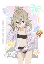  1girl alternate_costume bikini bikini_under_clothes black_bikini bra breasts character_name closed_mouth collarbone copyright_name cowboy_shot food foot_out_of_frame front-tie_top grey_hair hair_between_eyes hair_ornament hairclip hand_up hibi_wa_sugiredo_meshi_umashi higa_tsutsuji holding holding_food holding_spoon ice_cream jacket long_hair long_sleeves looking_at_viewer medium_breasts navel open_clothes open_jacket see-through_clothes shirone25 sidelocks simple_background smile solo spoon standing stomach swimsuit underwear violet_eyes 