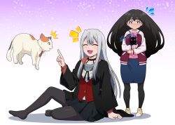  2girls absurdres black_jacket black_skirt black_thighhighs blue_skirt blush breasts brown_eyes brown_hair cat closed_mouth commission flying_sweatdrops from_side hair_between_eyes highres hitokiwa_kenchin jacket kawaisugi_crisis laughing liza_luna long_hair looking_at_viewer menacing_(jojo) multiple_girls nervous open_mouth pink_shirt pixiv_commission red_vest shadow shirt shoes short_hair sitting skirt small_breasts small_horns sneakers telekinesis thigh-highs uchuujin_muumuu umeyashiki_sakurako vest wavy_mouth white_hair 